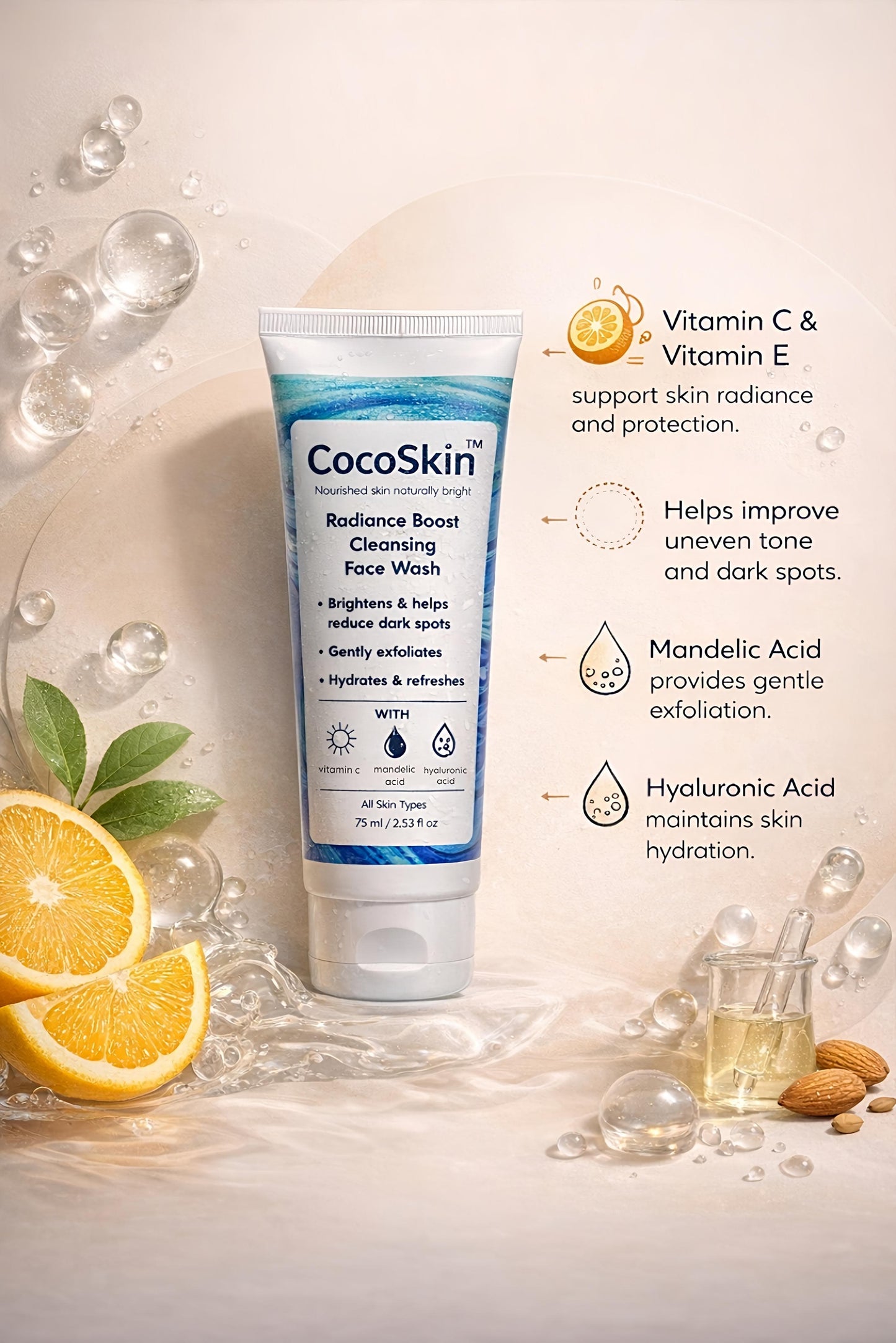 CocoSkin Radiance Boost Cleansing Face Wash with Vitamin C, Vitamin E, Mandelic Acid & Hyaluronic Acid - 75ml